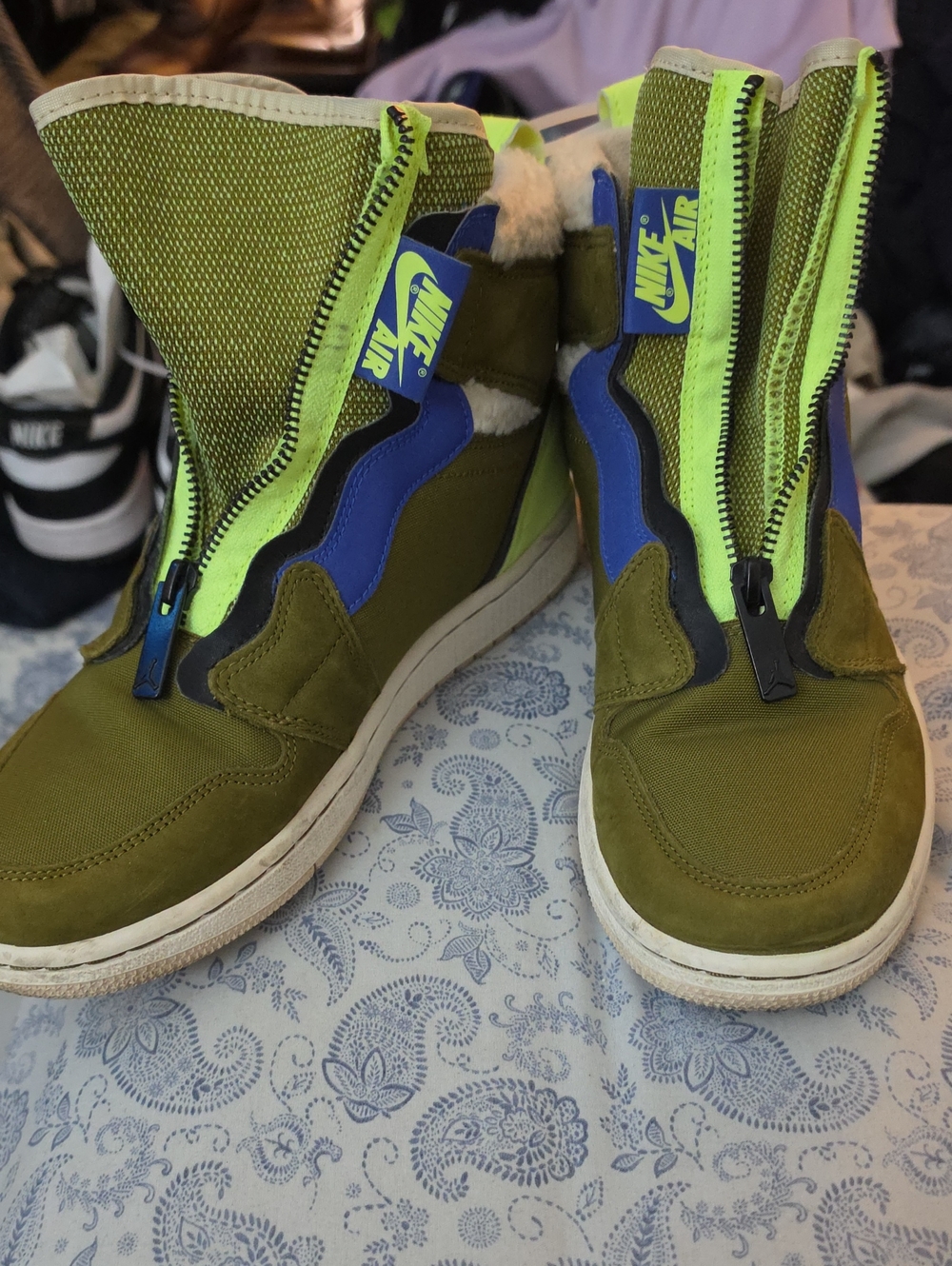 Jordan Olive Green, Neon Yellow & Blue High-Top Sneakers